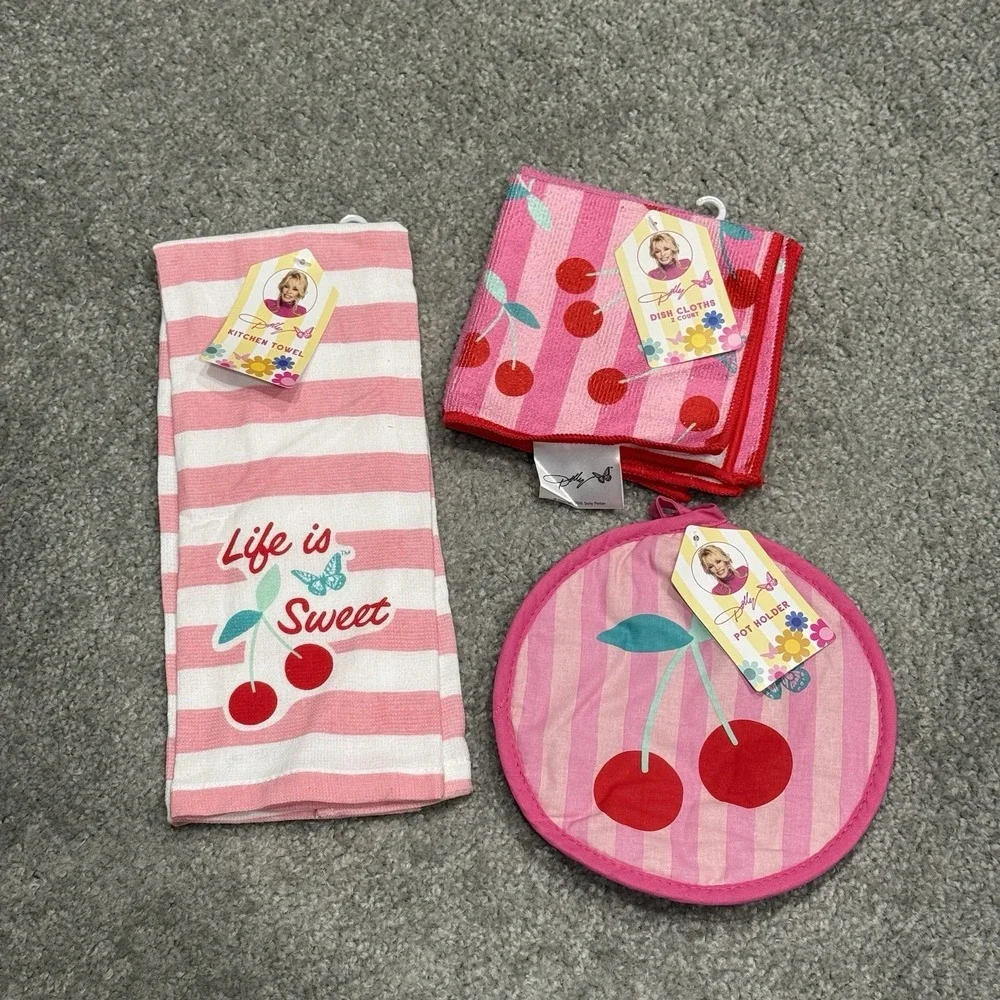 Dolly Parton Cherry Kitchen Bundle Summer Kitchen Towels Lot Of 3 NEW